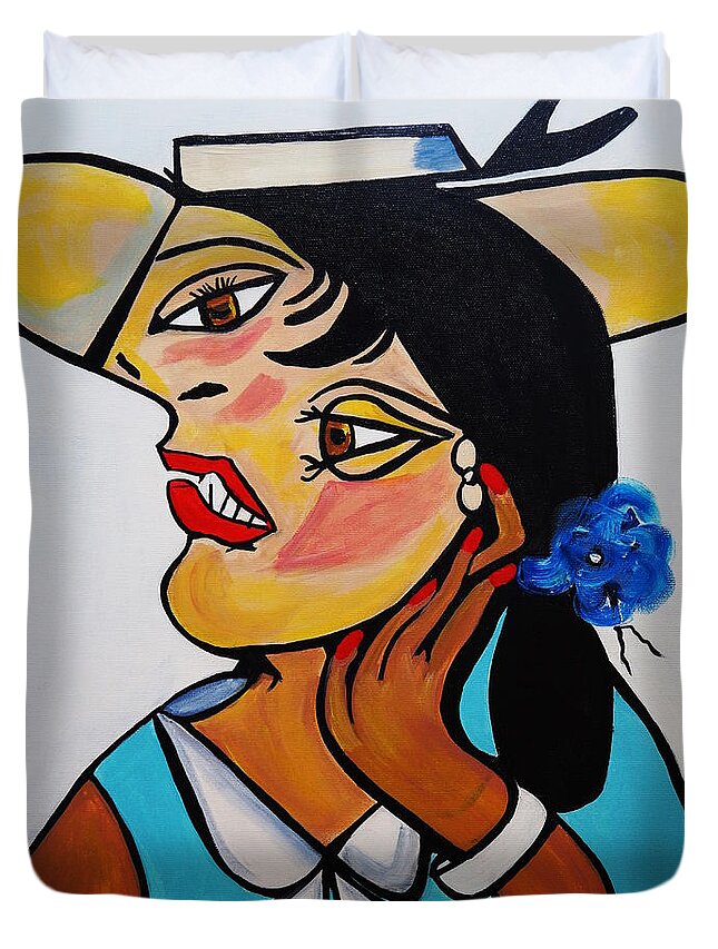Picasso By Nora Duvet Cover featuring the painting Yellow Hat Picasso by Nora Shepley
