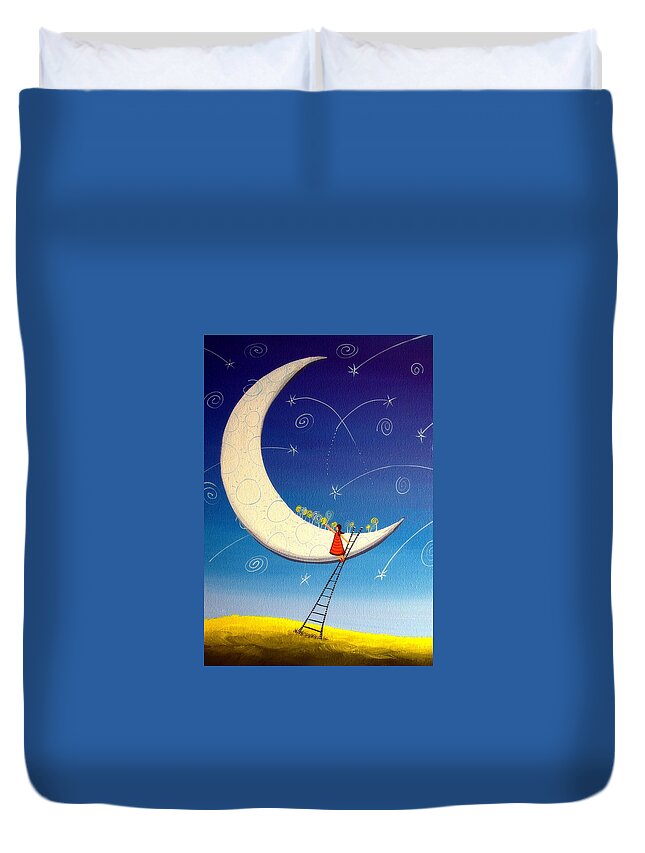 Art Duvet Cover featuring the painting Picking Moon Flowers - whimsical landscape by Debbie Criswell