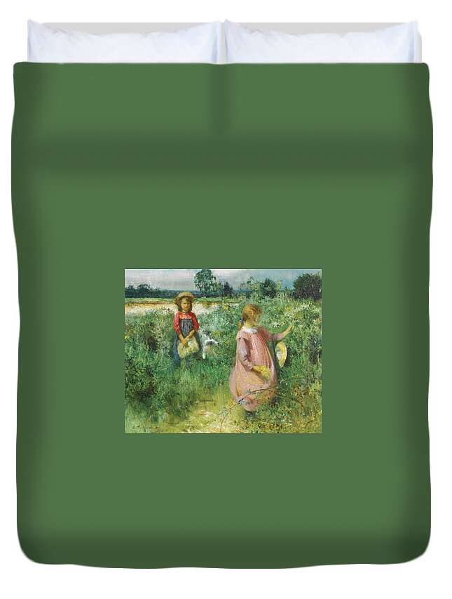 Arthur Hacker Duvet Cover featuring the painting Picking Wildflowers by Arthur Hacker