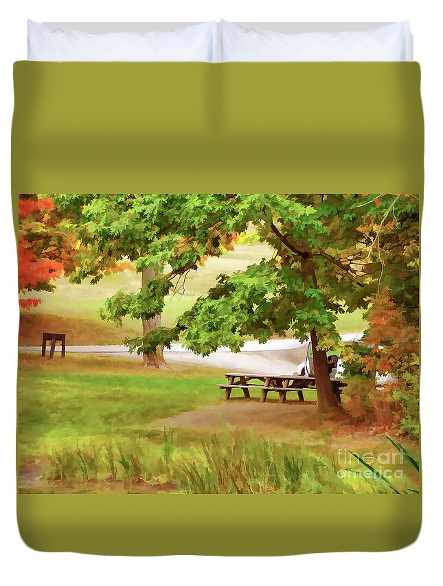 Picnic Tables On Olana Duvet Cover featuring the painting Picnic Tables on Olana 3 by Jeelan Clark