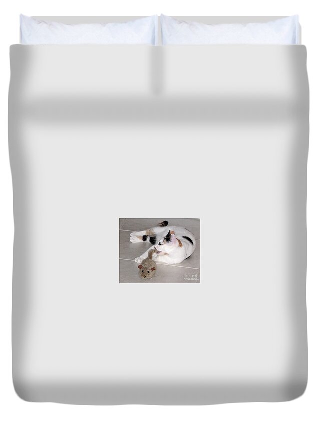 Cat Duvet Cover featuring the photograph Pico and Toy Mouse by Phyllis Kaltenbach