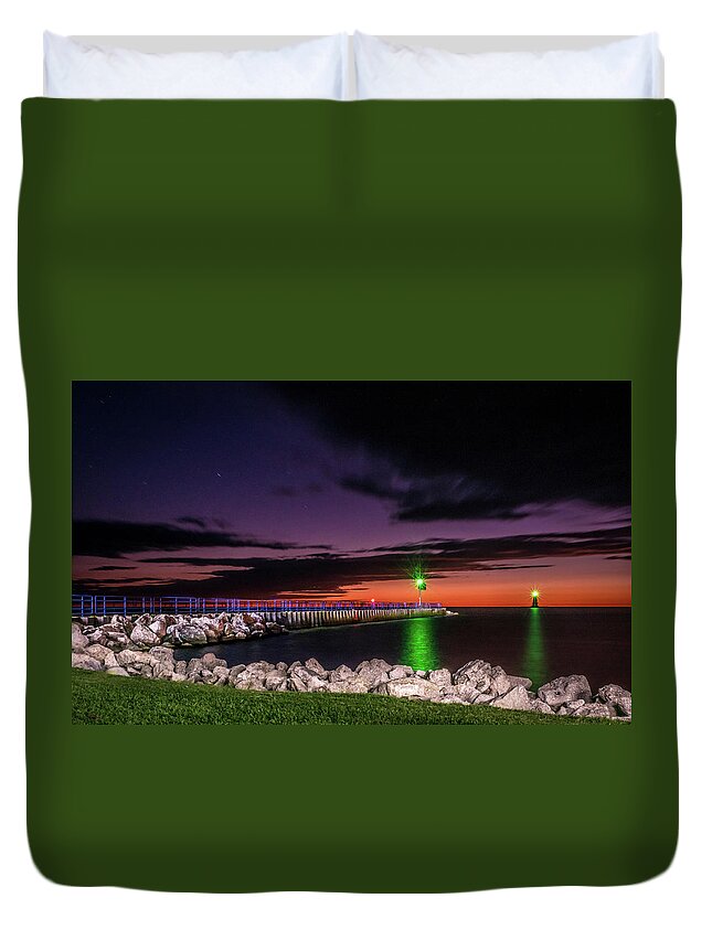 Lake Michigan Duvet Cover featuring the photograph Pier and Lighthouse by Lester Plank