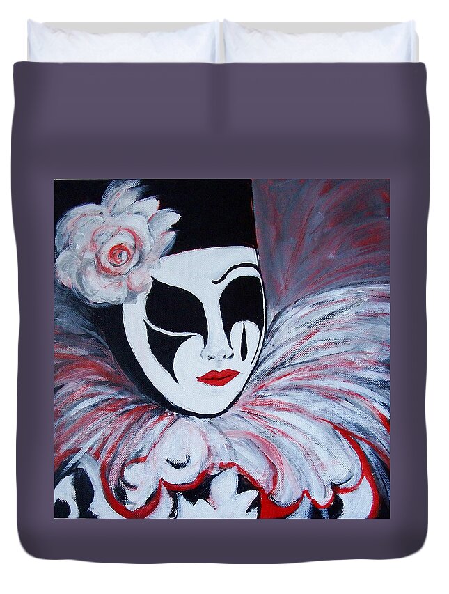 Mime Duvet Cover featuring the painting Pierrot Portrait by Myra Evans