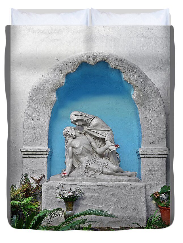 Pieta Garden Duvet Cover featuring the photograph Pieta Garden Mission Diego de Alcala by Alexandra Till