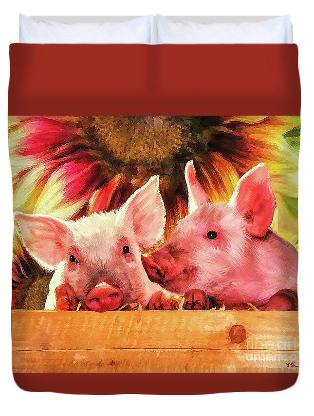 Piglets Duvet Cover featuring the painting Piglet Playmates by Tina LeCour