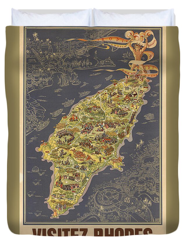 Islands Of Rhodes Duvet Cover featuring the mixed media Piictorial Map of the Island of Rhodes - Rose Island - Island of the sun - Antique Map by Studio Grafiikka