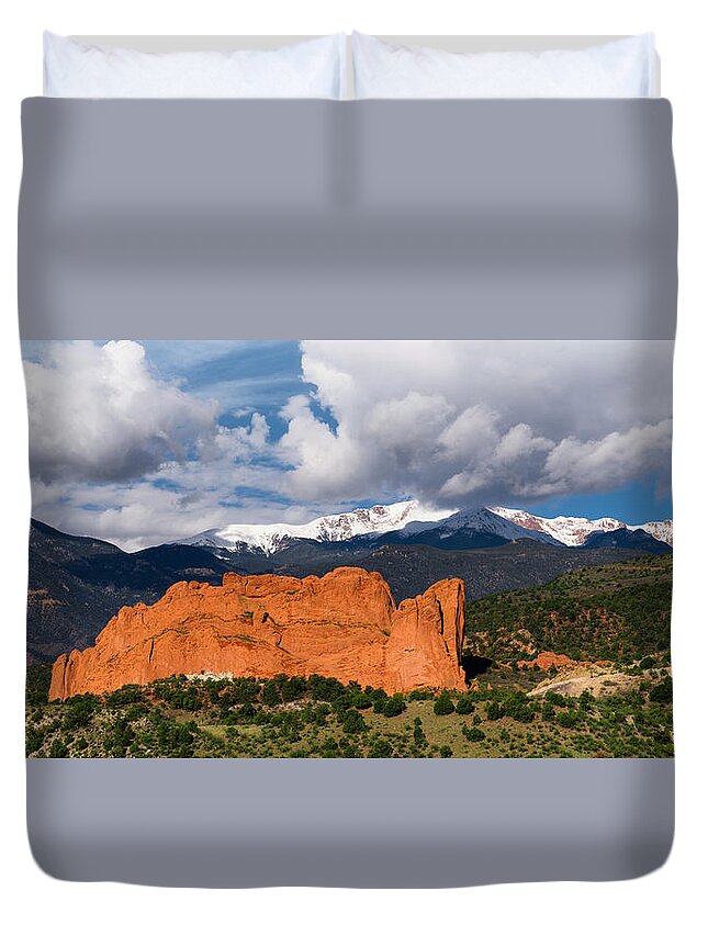 Garden Of The Gods Duvet Cover featuring the photograph Pikes Peak and Garden of the Gods Panoramic by Tim Reaves