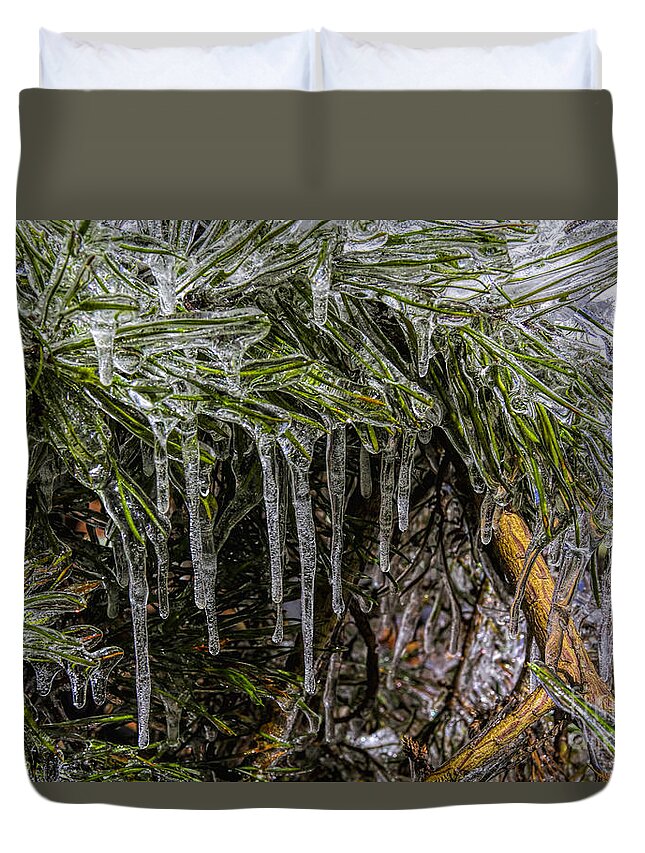 Winter Amicola Falls Duvet Cover featuring the photograph Pine Needlecicles by Barbara Bowen