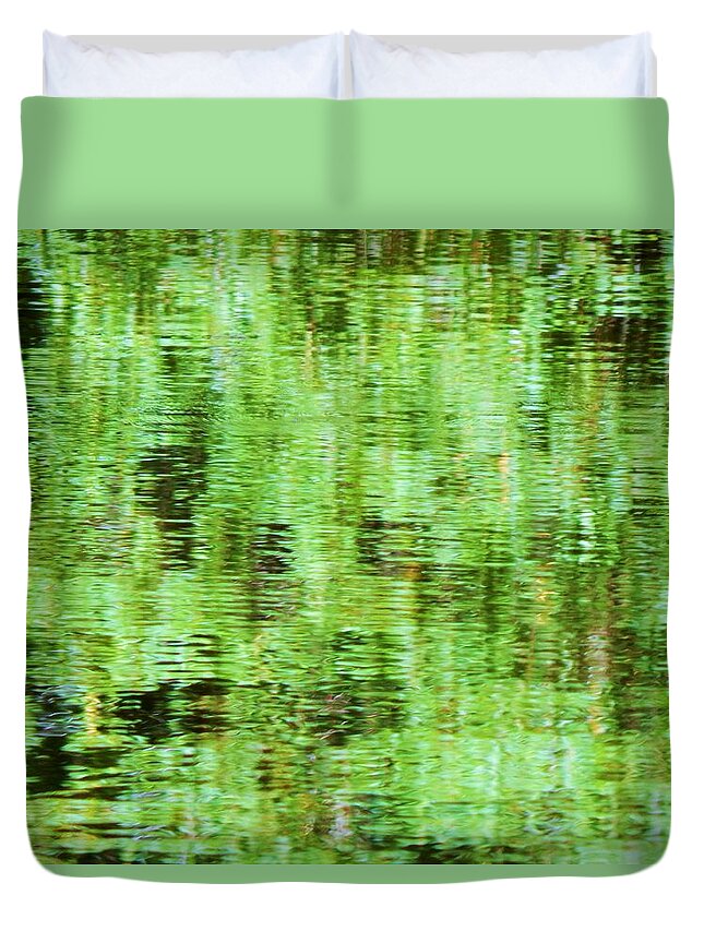Abstract Nature Pond Water Landscape Trees Reflections Green Pines Duvet Cover featuring the photograph Pine Reflections by Jan Gelders
