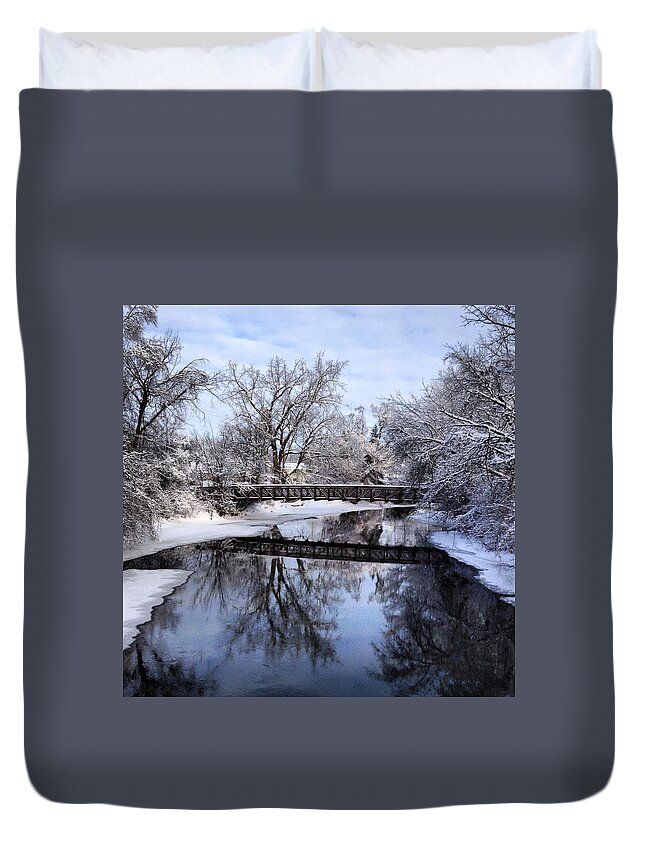 Alma Duvet Cover featuring the photograph Pine River Foot Bridge from Superior in Winter by Chris Brown