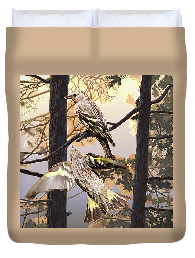 Pine Siskins Duvet Cover featuring the digital art Pine Sisikins Morning Light by Pam Little