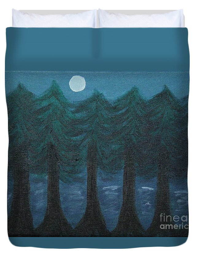 Pine Trees Duvet Cover featuring the painting Pine Tree Lake by Marina McLain