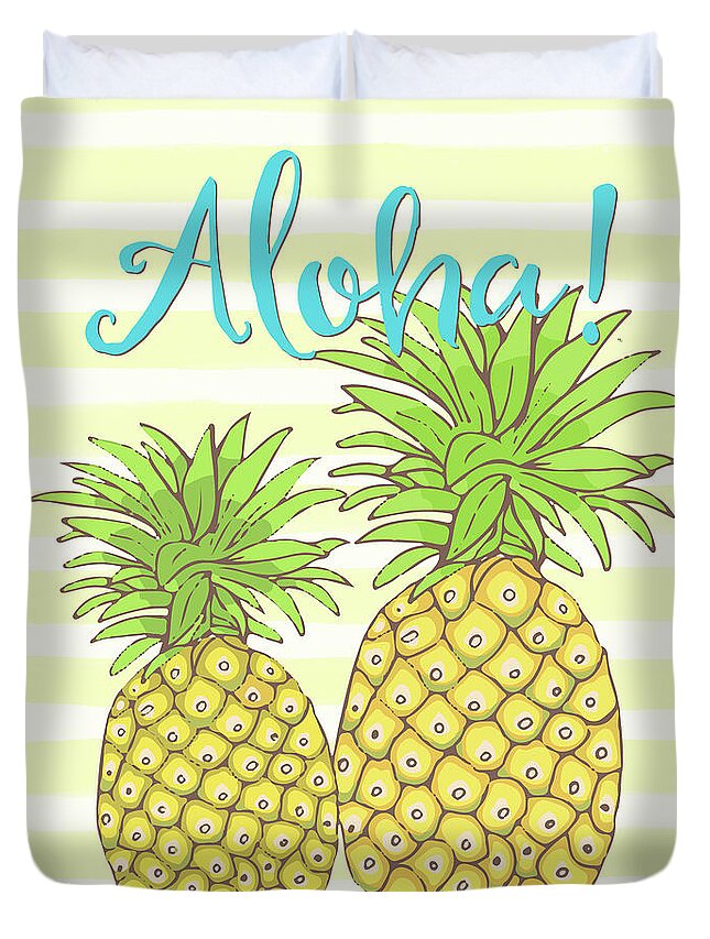Pineapple Duvet Cover featuring the painting Pineapple Aloha tropical fruit of welcome Hawaii by Tina Lavoie