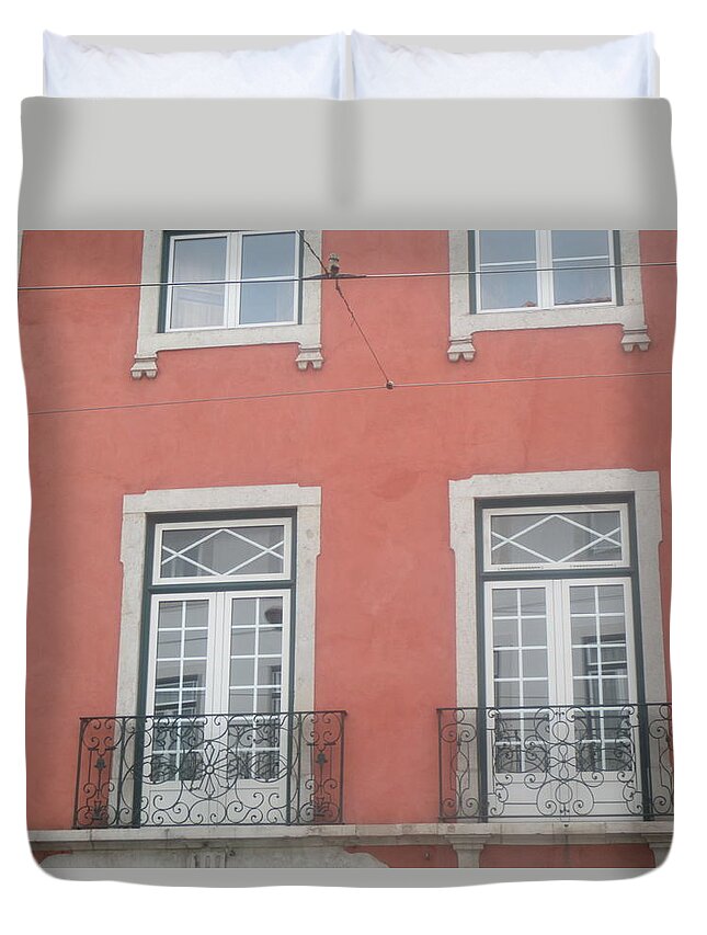 Old Building In Lisbon Duvet Cover featuring the photograph Pink building in Lisbon by Anamarija Marinovic