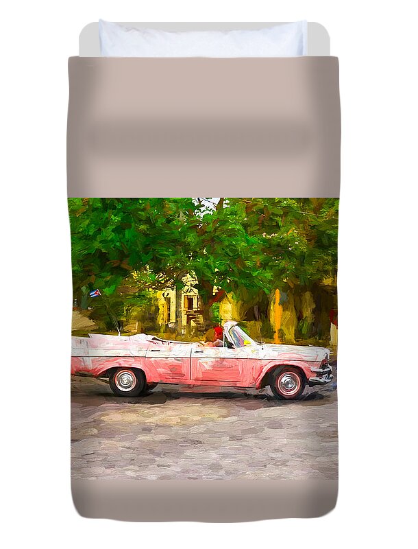 Antique Duvet Cover featuring the photograph Pink car with fins by Les Palenik
