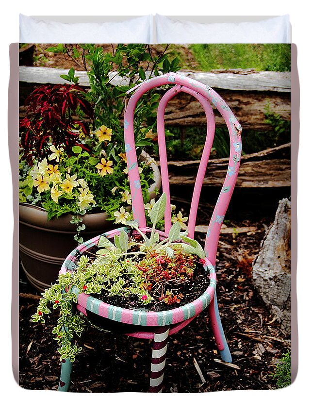 Chair Duvet Cover featuring the photograph Pink Chair Planter by Allen Nice-Webb