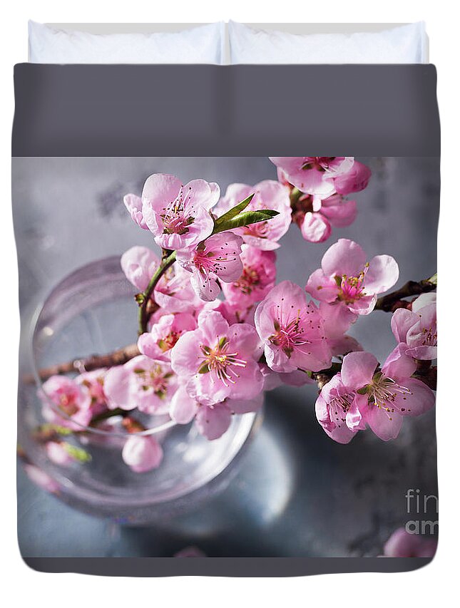 Cherry Duvet Cover featuring the photograph Pink Cherry Blossom by Anastasy Yarmolovich