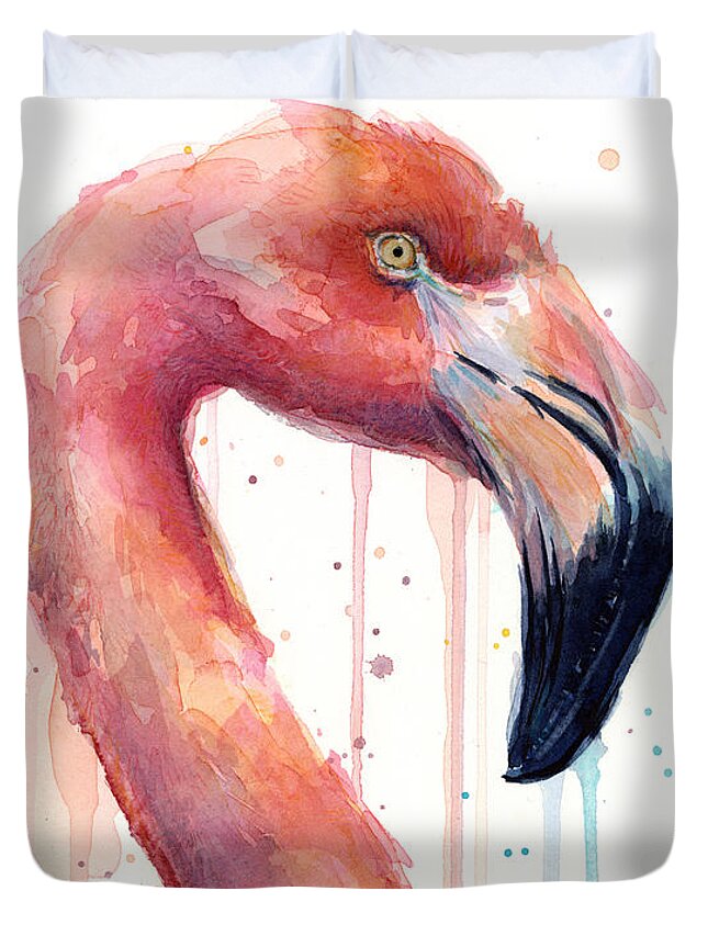 Watercolor Flamingo Duvet Cover featuring the painting Pink Flamingo - Facing Right by Olga Shvartsur