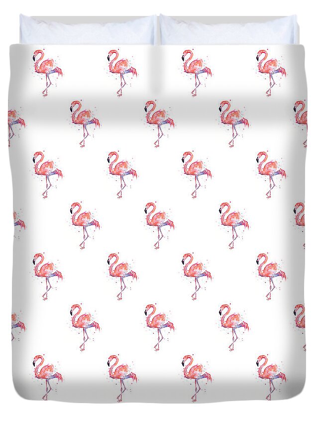 Pink Duvet Cover featuring the painting Pink Flamingo Watercolor Pattern by Olga Shvartsur
