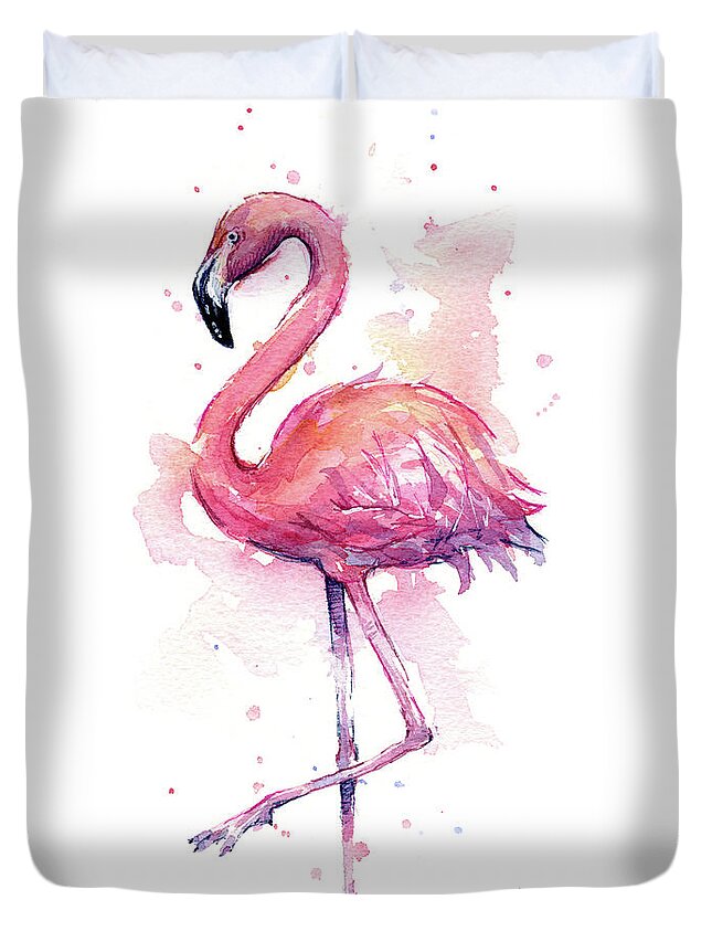 Flamingo Duvet Cover featuring the painting Pink Flamingo Watercolor Tropical Bird by Olga Shvartsur