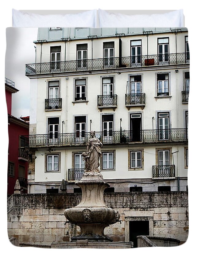 Lisbon Duvet Cover featuring the photograph Pink Framed Fountain, Lisbon by Lorraine Devon Wilke