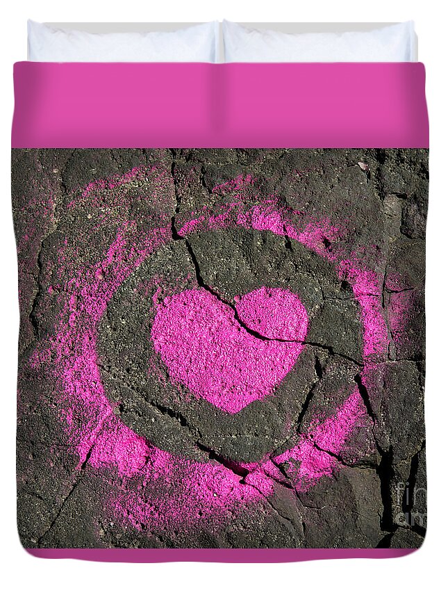 Heart Duvet Cover featuring the photograph Pink Heart Painted on Rock by Andreas Berthold