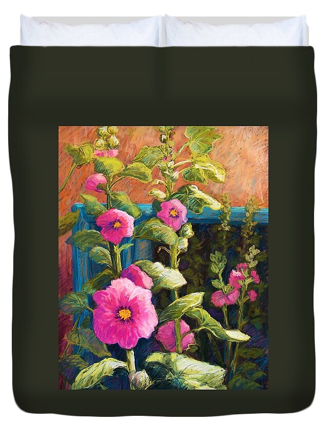 Flowers Duvet Cover featuring the pastel Pink Hollyhocks by Candy Mayer