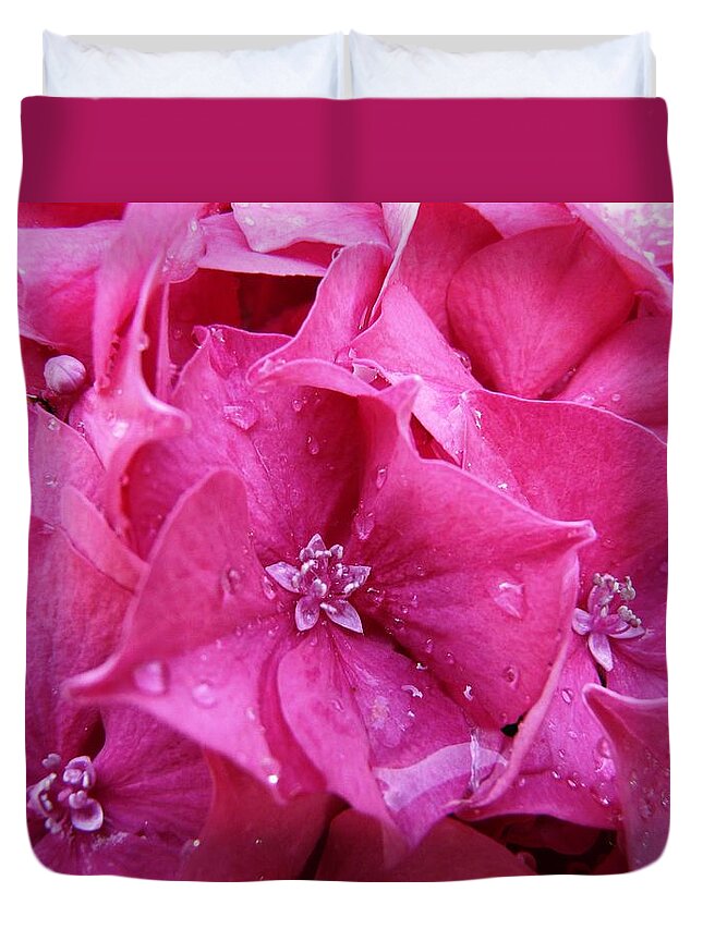 Flower Duvet Cover featuring the photograph Pink Hydrangea after Rain by Valerie Ornstein
