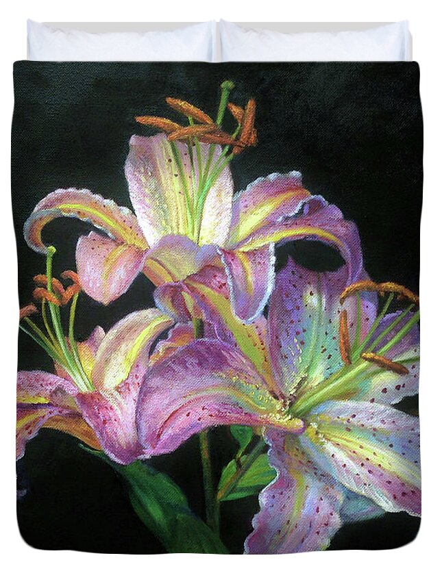 Lilies Duvet Cover featuring the painting Pink Lilies by Marie Witte