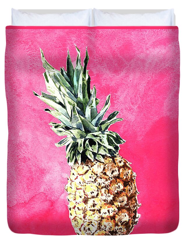 Pink Pineapple Duvet Cover featuring the painting Pink Pineapple Bright Fruit Still Life Healthy Living Yoga Inspiration Tropical Island Kawaii Cute by Laura Row