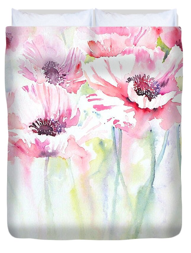 Pink Duvet Cover featuring the painting Pink Poppy Meadow by Ruth Harris