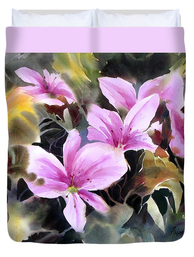 Floral Duvet Cover featuring the painting Pink Prize by Rae Andrews