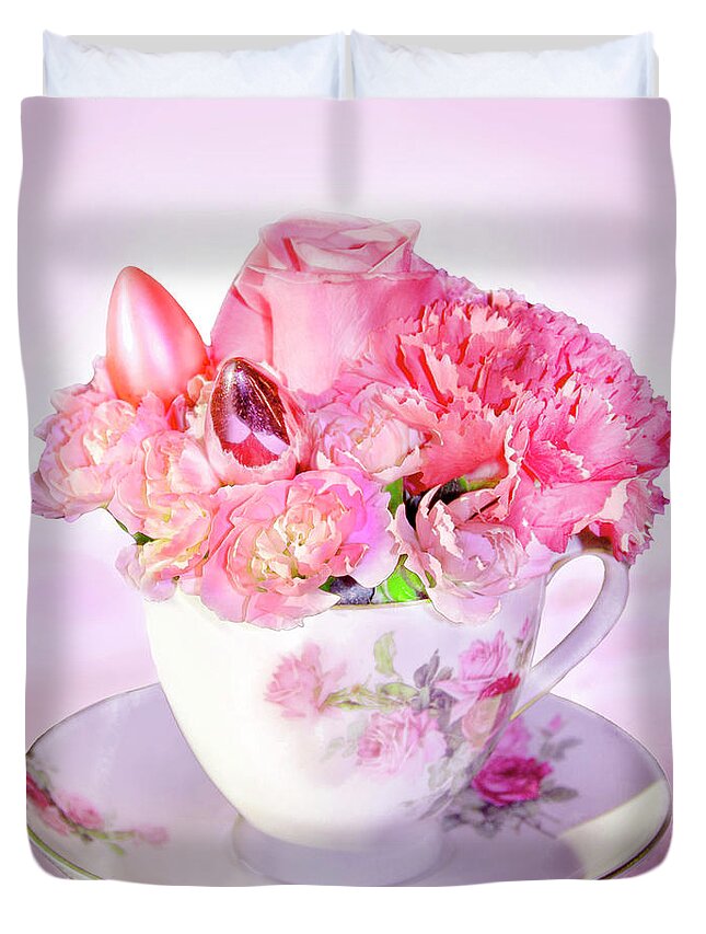 Arrangement Duvet Cover featuring the digital art Pink Teacup Bouquet by Frances Miller