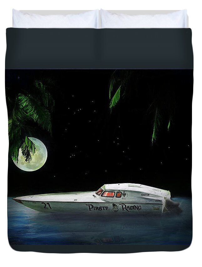 Ocean Duvet Cover featuring the painting Pirate Racing by Michael Cleere
