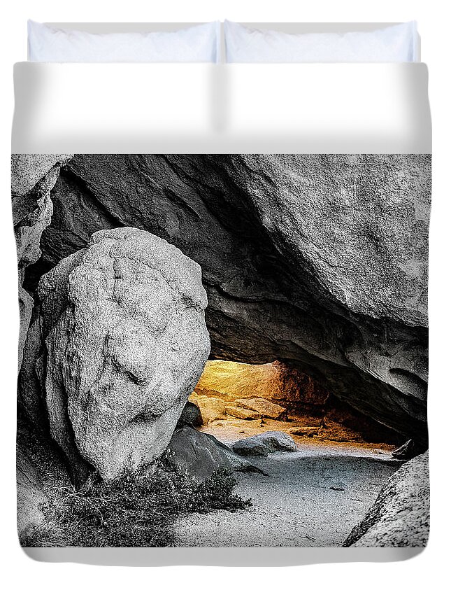 Cave Duvet Cover featuring the photograph Pirate's Cave, Black and White and Gold by Adam Morsa