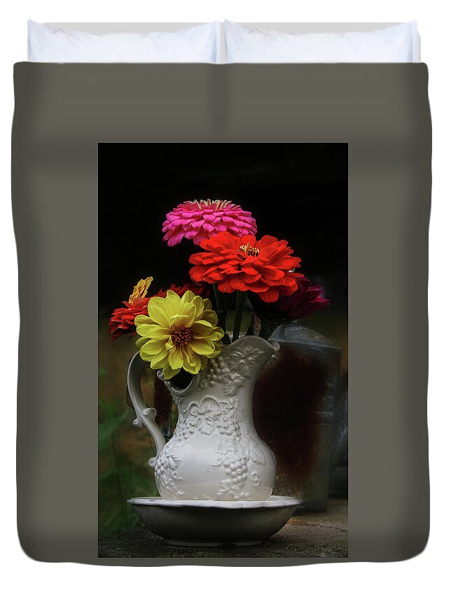 Pitcher Of Flowers Duvet Cover featuring the photograph Pitcher and Zinnias by Jeff Kurtz