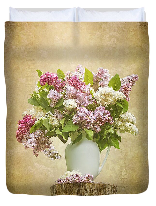 Still Life Duvet Cover featuring the photograph Pitcher of Lilacs by Patti Deters
