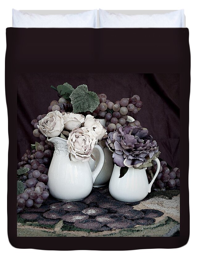 Still Life Duvet Cover featuring the mixed media Pitchers and Tapestry by Sherry Hallemeier