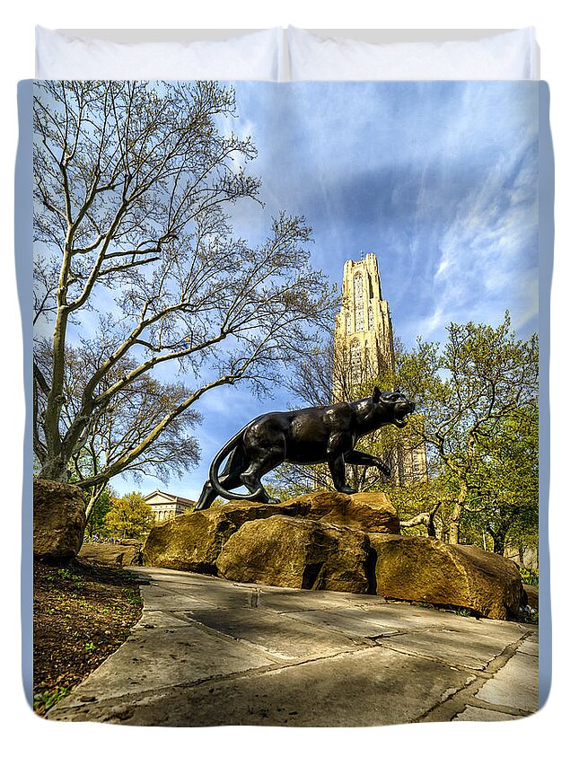 Cathedral Of Learning Duvet Cover featuring the photograph Pitt Panther Cathedral of Learning by Thomas R Fletcher