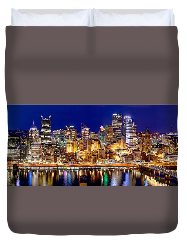 Pittsburgh Skyline At Night Duvet Cover featuring the photograph Pittsburgh Pennsylvania Skyline at Night Panorama by Jon Holiday