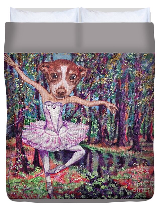 Rat Terrier Duvet Cover featuring the painting Pixie in Dance of the Toy Rat Terrier by Linda Markwardt