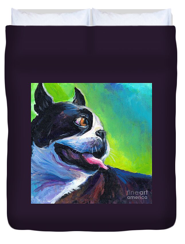 Boston Terrier Painting Duvet Cover featuring the painting Playful Boston Terrier by Svetlana Novikova