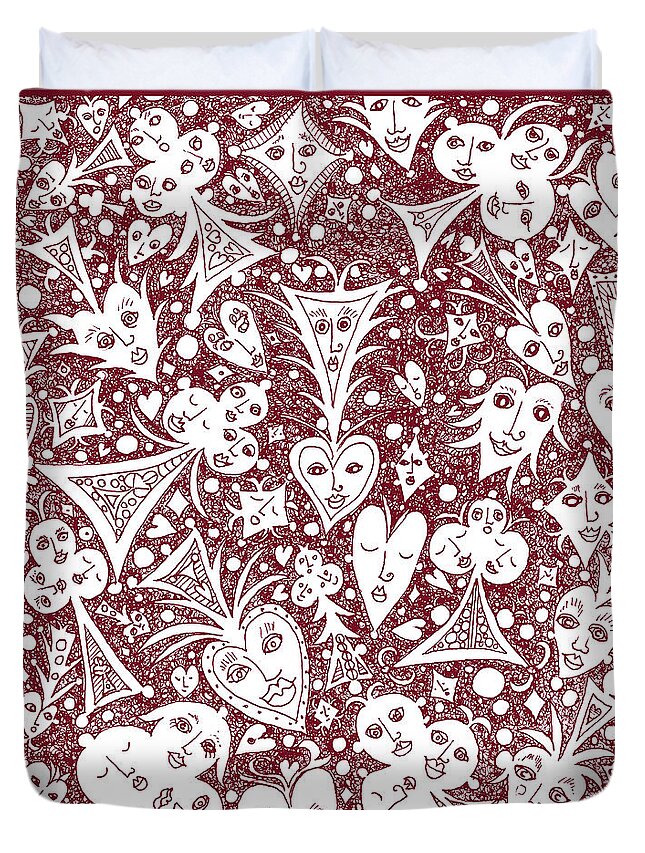 Lise Winne Duvet Cover featuring the drawing Playing Card Symbols with Faces in Red by Lise Winne