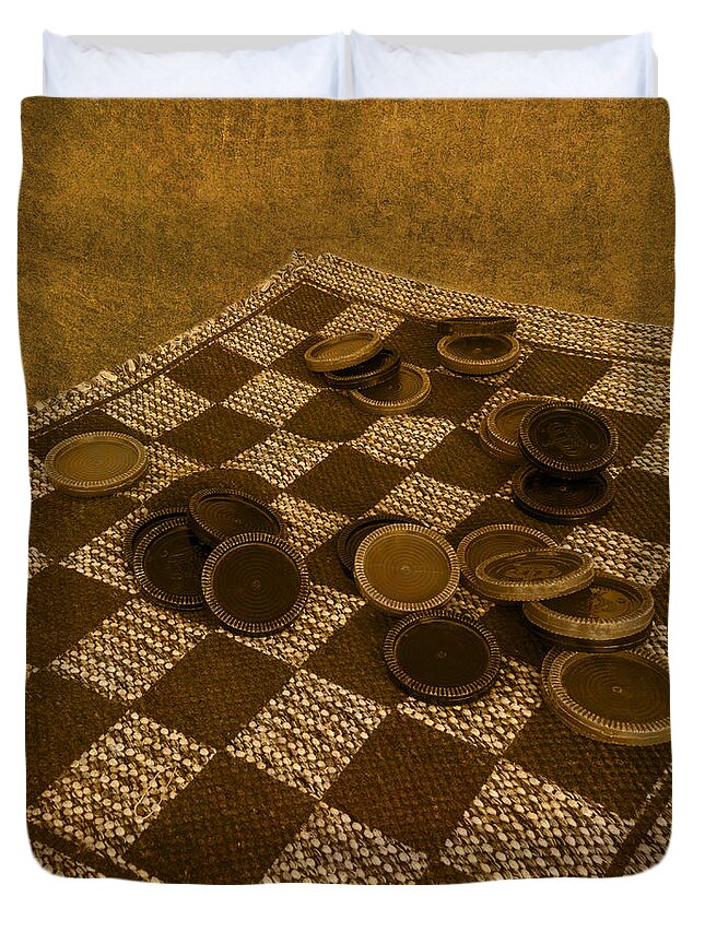 Checker Duvet Cover featuring the photograph Playing Checkers on a Rug by Mitch Spence