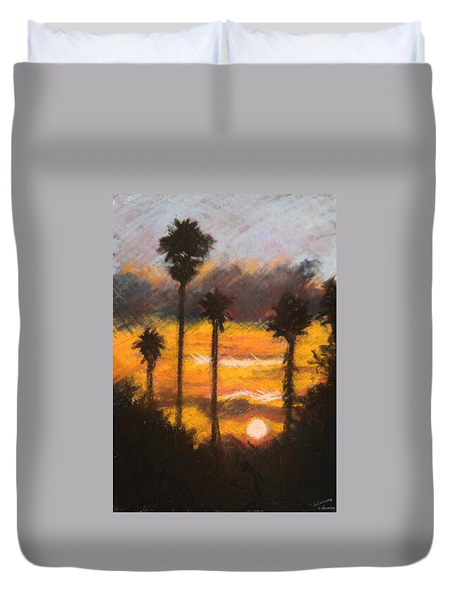 San Diego Palm Trees Sunset Fire Blazing Silhouette Nature Landscape California Beautiful Majestic Duvet Cover featuring the pastel Playing with Fire, San Diego by Brenda Salamone