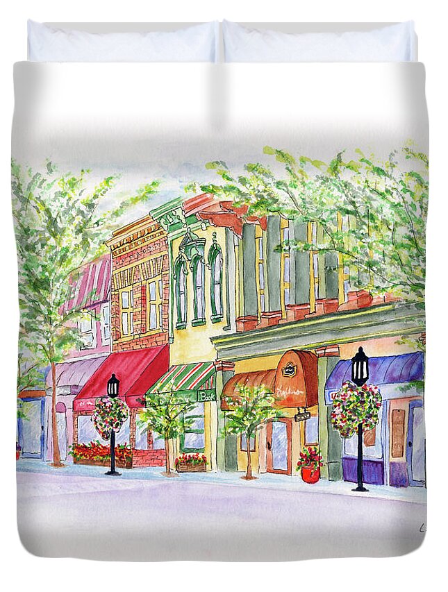 Ashland Oregon Duvet Cover featuring the painting Plaza Shops by Lori Taylor