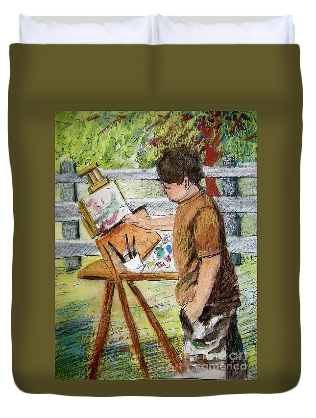 Boy Duvet Cover featuring the painting Plein-Air Painter Boy by Gretchen Allen