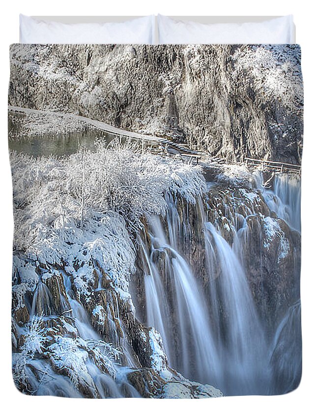 Plitvice Duvet Cover featuring the photograph Plitvice Winter by Peter Kennett