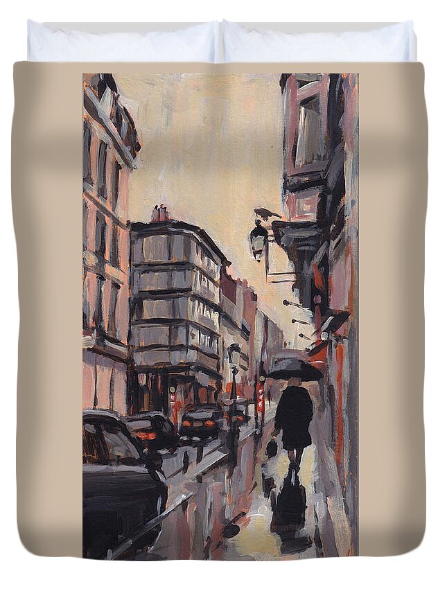 Liege Duvet Cover featuring the painting Pluie Rue de Regence Liege by Nop Briex