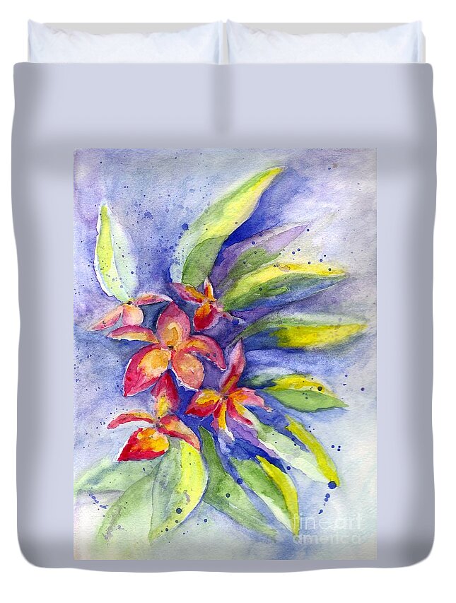 Floral Duvet Cover featuring the painting Plumeria by Carol Wisniewski
